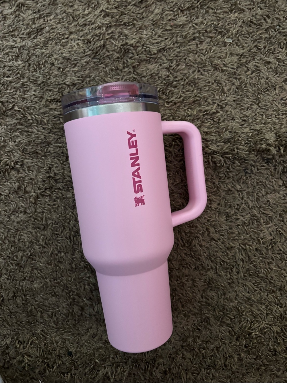 Stanley Pink Travel Tumbler with Handle and Clear Lid